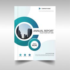 a blue and white annual report cover with an image of a city in the background