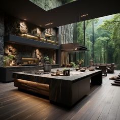 a large kitchen with wooden floors and walls