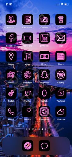 an image of a city at night with pink and black icons on the screenshot