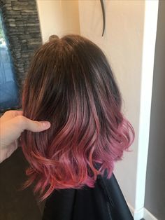 Brown Hair With Pink Tips Short Hair, Short Hair With Pink Tips, Tip Hair Color Dip Dye, Brown Roots Colored Hair, Dark Brown Hair With Pink Tips, Pink Tips Short Hair, Pink Peekaboo Highlights Short Hair, Brown To Pink Ombre Hair Short, Pink Hair Dip Dye