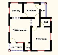 the floor plan for a house with three rooms and two bathrooms, including one bedroom