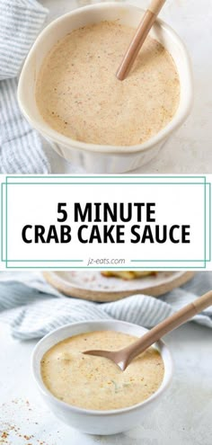 5 minute crab cake sauce in a white bowl with a wooden spoon on the side