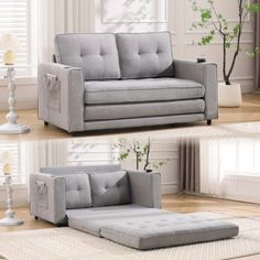 two pictures of the same couch and ottoman