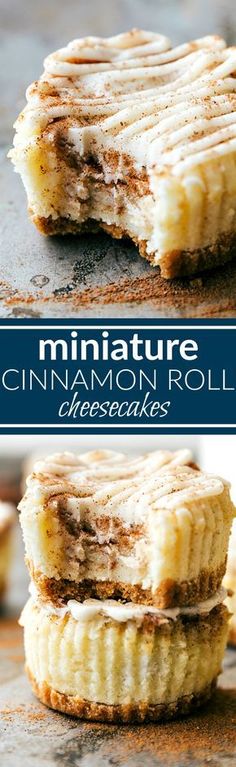 cinnamon roll cheesecakes stacked on top of each other with the words, miniatureture cinnamon roll cheesecakes