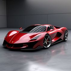 a red sports car parked in an empty room with concrete flooring and grey walls