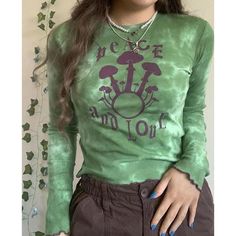 Fairy Grunge Crew Neck Top With Letter Print, Fairy Grunge Long Sleeve T-shirt For Fall, Fairy Grunge Long Sleeve Graphic Top, Fairy Grunge Tops For Spring Streetwear, Fairy Grunge Crew Neck Tops For Spring, Fitted Fairy Grunge Green Top, Fitted Green Top In Fairy Grunge Style, Aesthetic Graphic Print Tops For Spring, Green Long Sleeve Y2k T-shirt