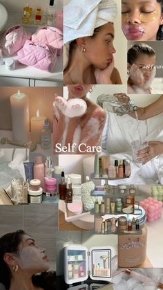 a collage of photos showing different types of skin care products and women in the bathroom