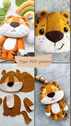 four different pictures of stuffed animals made out of felt and wood, with text overlay that says tiger pdf pattern