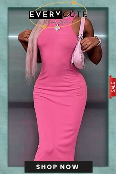 Pink Casual Solid Basic O Neck Long Dress Dresses Spring Plain Dress For Party, Plain Spring Party Dresses, Spring Party Plain Dress, Spring Stretch Solid Color Midi Dress, Summer Bodycon Dress In Solid Color, Pink Knee-length Solid Color Dress, Pink Knee-length Dress, Casual Solid Color Midi Bodycon Dress, Trendy Solid Color Bodycon Midi Dress