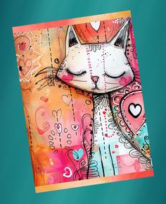 a card with an image of a cat on it's face and the words love is