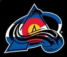 the colorado avalanche logo is shown on a black background with red, yellow and blue colors