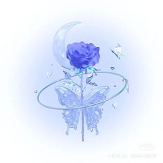 a blue rose sitting on top of a glass vase next to a moon and butterflies