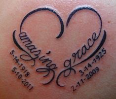 a heart shaped tattoo on the back of a woman's shoulder that says grandma grace