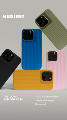 four different colored cases are shown in this advertisement