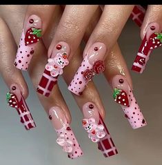 Strawberry Cute, Trendy Manicure, Bears Nails, Long Press On Nails, Strawberry Flower, Nail Length, Stick On Nails, Cute Bear, Artificial Nails