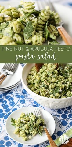 pasta salad with pine nuts and arugula pesto in a white bowl on a blue tablecloth