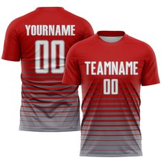 a red and grey soccer jersey with the number 00 on it, that reads your name