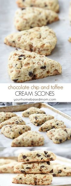 chocolate chip and toffee cream scones on a baking sheet