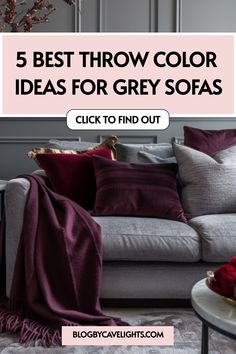 a living room with grey couches and red throw pillows on the floor, text overlay reads 5 best throw color ideas for grey sofas click to find out