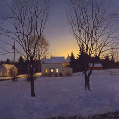 a painting of trees in the snow at dusk with a house in the back ground