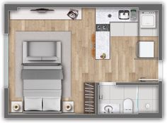 an overhead view of a bedroom and living room in a small apartment with wood flooring