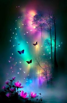 colorful butterflies flying in the sky above flowers and trees, with lights coming from them