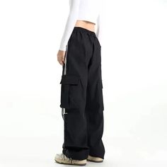 Shadowline Black Parachute Pants - h0neybear Black Straight Cargo Jeans With Utility Style, Functional Black Cargo Style Pants, Functional Black Cargo Pants, Black Sporty Cargo Jeans With Pockets, Black Utility Cargo Pants, Black Sporty Cargo Jeans With Cargo Pockets, Functional Black Wide Leg Pants, Sporty Black Cargo Jeans With Pockets, Black Sporty Cargo Jeans