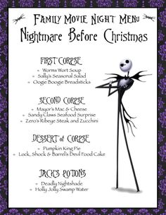 a menu for a family movie night with the characters from the animated film, the nightmare before christmas