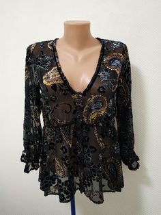 Nile Women's Boho Black transparent Loose Fit Blouse Paisley Print Velvet v-neck Sheer V-neck Blouse For Party, Elegant Paisley Print Top For Party, Bohemian Sheer Top For Party, Elegant Paisley Print Party Tops, Bohemian V-neck Top For Night Out, Black Bohemian Tops With Paisley Print, Fall Sheer V-neck Blouse, Sheer Fitted V-neck Blouse, V-neck Paisley Print Blouse For Vacation