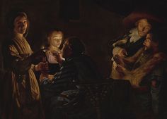 a painting of three men and a woman in an old - fashioned room, one holding a lit candle