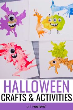 four halloween crafts and activities for kids to do with watercolors on paper,