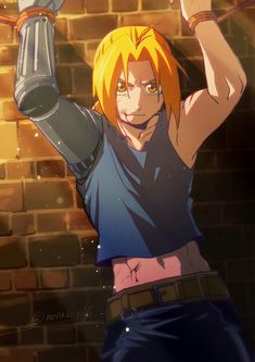 an anime character is holding up a giant ax in front of a brick wall,