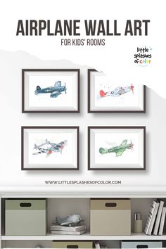 three framed airplanes are hanging on the wall above a bookshelf with other items