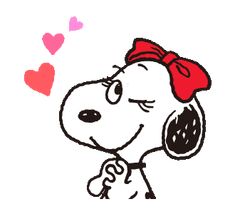 a cartoon dog with a red bow on it's head and hearts in the background