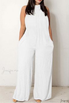 Casual Sleeveless Jumpsuits And Rompers, White Strapless Sleeveless Jumpsuit For Summer, White Strapless Sleeveless Jumpsuit For Spring, Casual Solid Color Halter Neck Jumpsuit, Casual Solid Color Halter Neck Jumpsuits And Rompers, Sleeveless Solid Jumpsuit, White Fitted Strapless Sleeveless Jumpsuit, Sleeveless Stretch Summer Jumpsuits And Rompers, White Stretch Strapless Sleeveless Jumpsuit