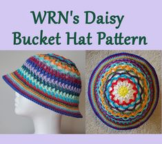 two crocheted hats with the words wrn's daisy bucket hat pattern