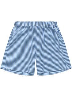 blue/white cotton poplin texture vertical stripe pattern elasticated waistband wide leg two side slash pockets thigh-length John Elliott, Yoko London, City Dress, Summer Beach Wear, Ski Wear, Lady Dior, Cotton Poplin, Cotton Shorts, Stripes Pattern