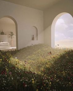 an artist's rendering of a room with arches and flowers in the foreground