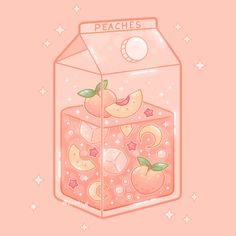 an illustration of peaches in a glass box with ice and stars on the side