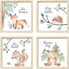 four watercolor paintings of animals and trees with the words be brave, dream big