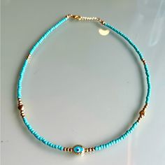 Evil Eye Genuine Turquoise Handmade Necklace Brand New With Gift Box 16-20 Inches Long Turquoise Necklace And Gold Filled Balls Color Wont Change Or Fade Center Evil Eye Thick Choker Necklace, Long Turquoise Necklace, Preppy Necklaces, Simple Necklaces, Unicorn Pendant, Choker Collar Necklace, Pearl Chain Necklace, Gold Long Necklace, Friendship Necklaces