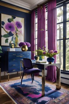 an elegant dining room with purple curtains and blue furniture