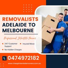 two men in blue uniforms moving boxes with the caption removalists adelaide to melbourne