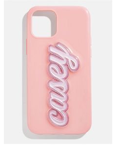 a pink phone case with the word candy on it and sequins in front