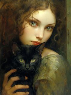 a painting of a woman holding a black cat with green eyes and long curly hair