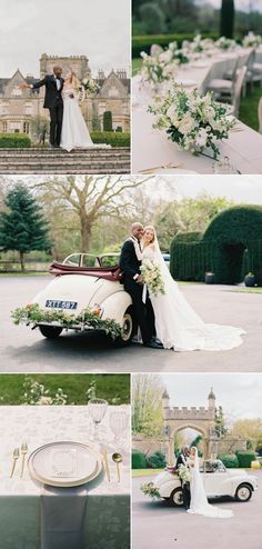 a bride and groom standing next to an old car in front of a large building