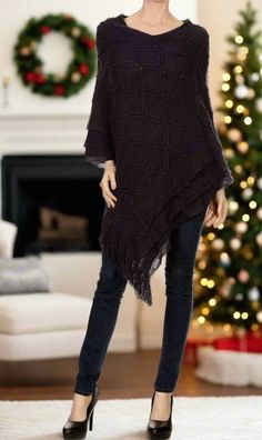 Women's Fringed Poncho: Black poncho MomMe and More Cozy Winter Poncho For Cold Weather, Oversized Black Knit Poncho, Cozy Winter Cape With Batwing Sleeves, Winter Poncho Cape In Knit, Black Knitted Poncho One Size, Black Knitted One-size Poncho, Winter Knit Poncho Cape, Winter Knit Cape Poncho, Knitted Fall Cape