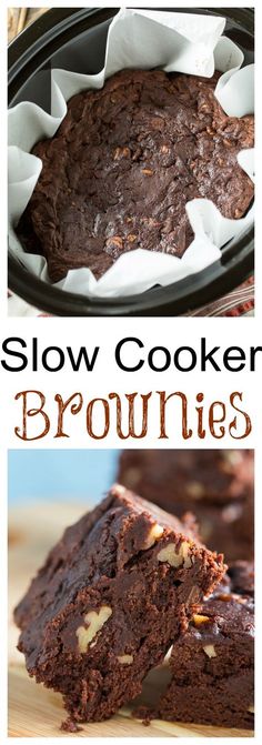 brownies with chocolate frosting and walnuts on top are shown in this collage