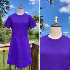 "This listing is for a totally cute mod vintage 70s purple polyester mini dress by Sears! This fun mod dress features a beat sewn design on the upper and is just a great shade of purple! It zips up the back with a hook and eye closure. A very cute dress!  This vintage dress is in excellent vintage condition, showing only light signs of general wear. There are no notable flaws that I can see. Please see photos for details and ask any questions you may have prior to purchasing, as all sales are final. It's listed as a vintage tag size 14, has some stretch and I estimate the dress to fit a modern size medium best, depending on your measurements, but please see measurements below to ensure a proper fit for you. If you have any questions or would like additional photos feel free to message me a Vintage Purple Mini Dress, Retro Mini Length Purple Dress, Retro Purple Mini Dress, Mod Vintage, Polyester Dress, Mod Dress, Shades Of Purple, Vintage 70s, Vintage Tags