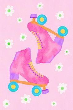 a painting of roller skates on a pink background with daisies in the foreground